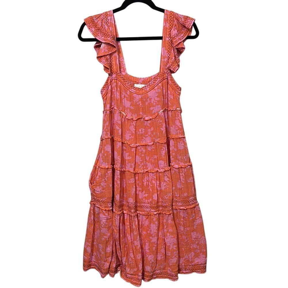 Karlie Orange Pink Tiered Ruffle‎ Dress Large
